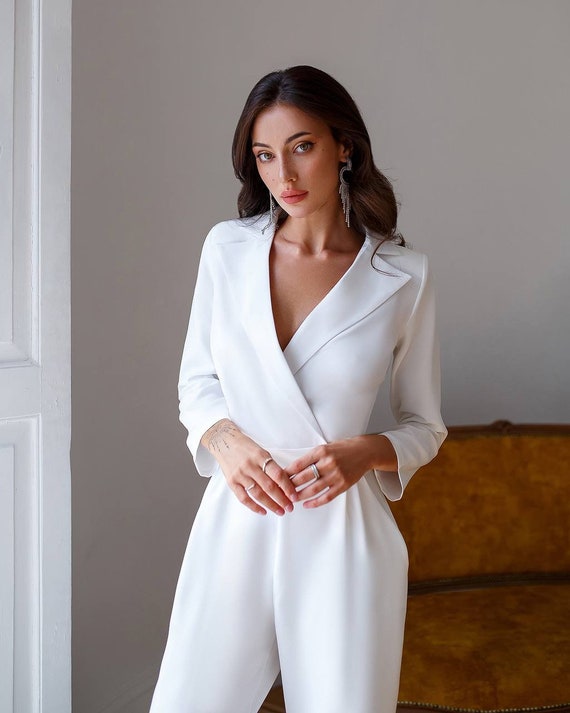 Mono formal blanco para mujer, mono blanco nupcial, mono de mujer para  recepción de bodas, traje de cumpleaños, mono con mangas largas -   México