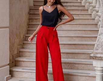 High Waist Trousers, Wide Leg Pants, Red Wide Leg Pants, Palazzo Pants for Women, women pants with pockets, office pants women, Elegant Pant