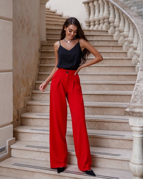 High Waist Trousers, Wide Leg Pants, Red Wide Leg Pants, Palazzo Pants for  Women, women pants with pockets, office pants women, Elegant Pant -   Portugal