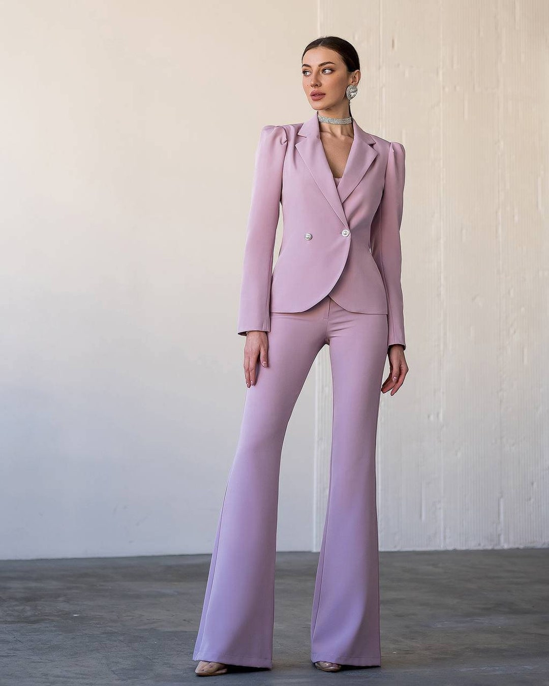 Dusty Pink Flared Pants Suit With Blazer, Padded Shoulders Blazer for ...
