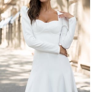 Voluminous Sleeves short sleeved dress, and Sweetheart Neckline, Flared mini skirt Dress Special Occasions, White Bridal dress Elopement
