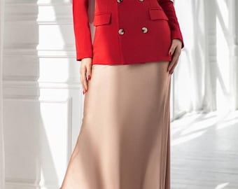 Beige silk bias cut midi skirt high waist Elevated casual style