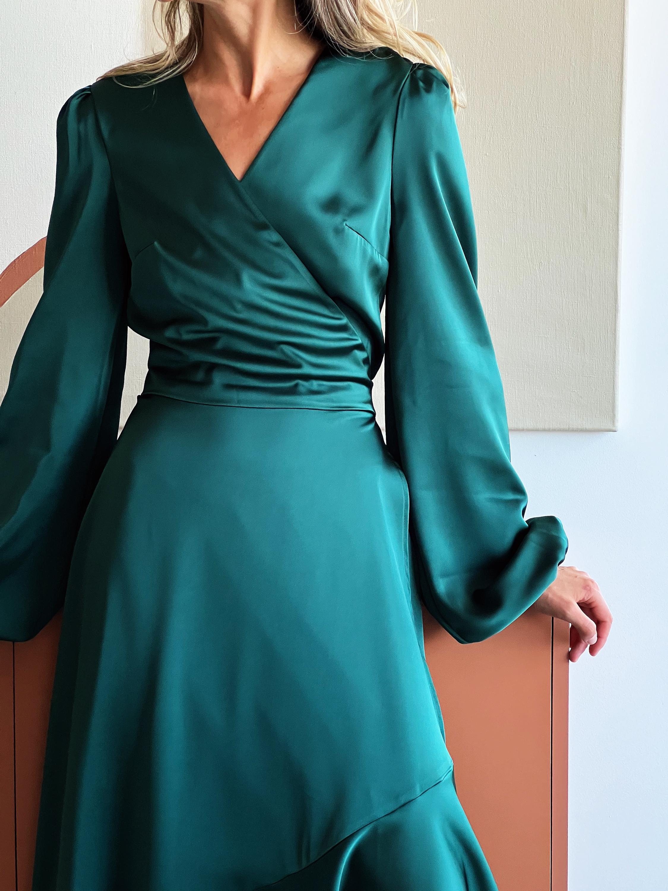 Emerald Green Silk Wrap Maxi Dress, Long Bishop Sleeve Formal Wedding Guest Evening Gown
