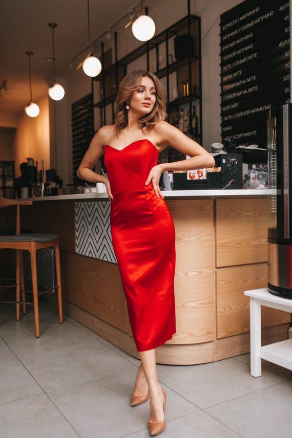Midi red satin dress cheap
