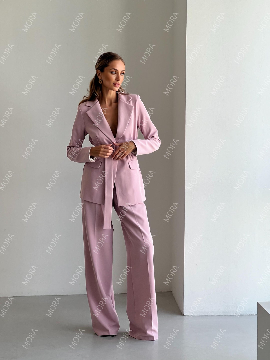 BELTED SLEEVELESS BUTTON DOWN PANT SUIT 2 PC. SET - LT. PINK main image 1