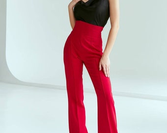 Pantalon évasé taille haute rouge pour femme, pantalon de bureau rouge pour femme, pantalon femme haute avec taille haute, pantalon évasé rouge femme