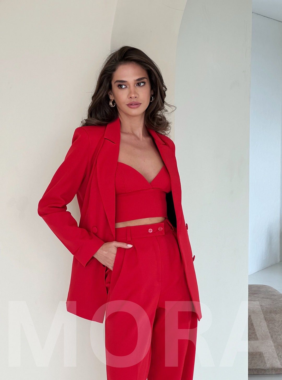 Red Formal Pantsuit for Women, Tall Women Pants Suit With Blazer and ...