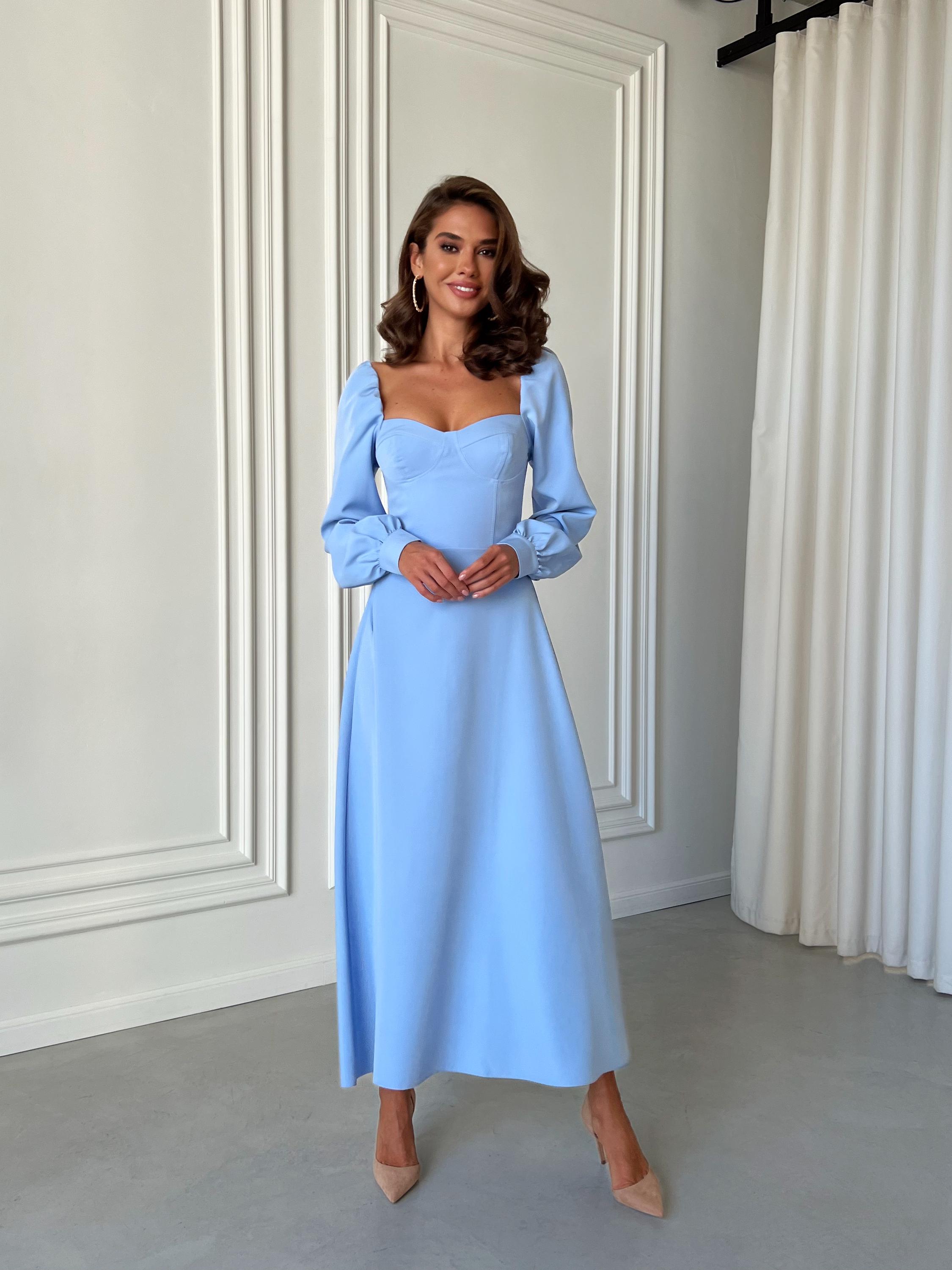 ladies pale blue dress Sheer-Bodice Long Dusty Prom G1365 Dusty Blue / 00 Sheer long sleeves Light Blue Midi Cotton Dress