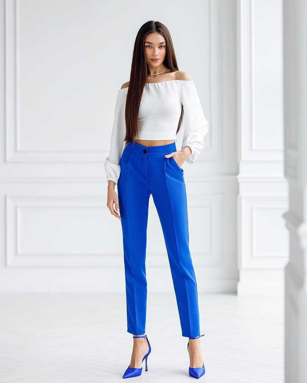 Pantalones anchos/Pantalones fluidos de cintura alta/Pantalones largos  elegantes/Pantalones formales azules de Caramella Fashion -  México