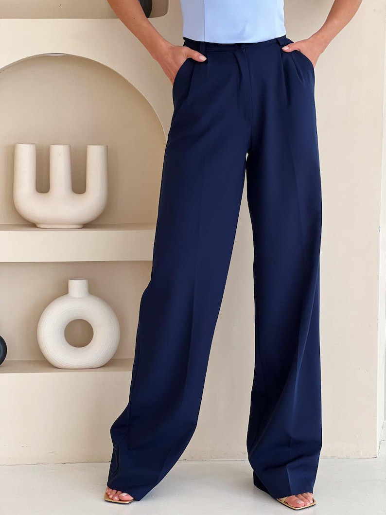 Navy blue high waist palazzo pants for tall women image 4
