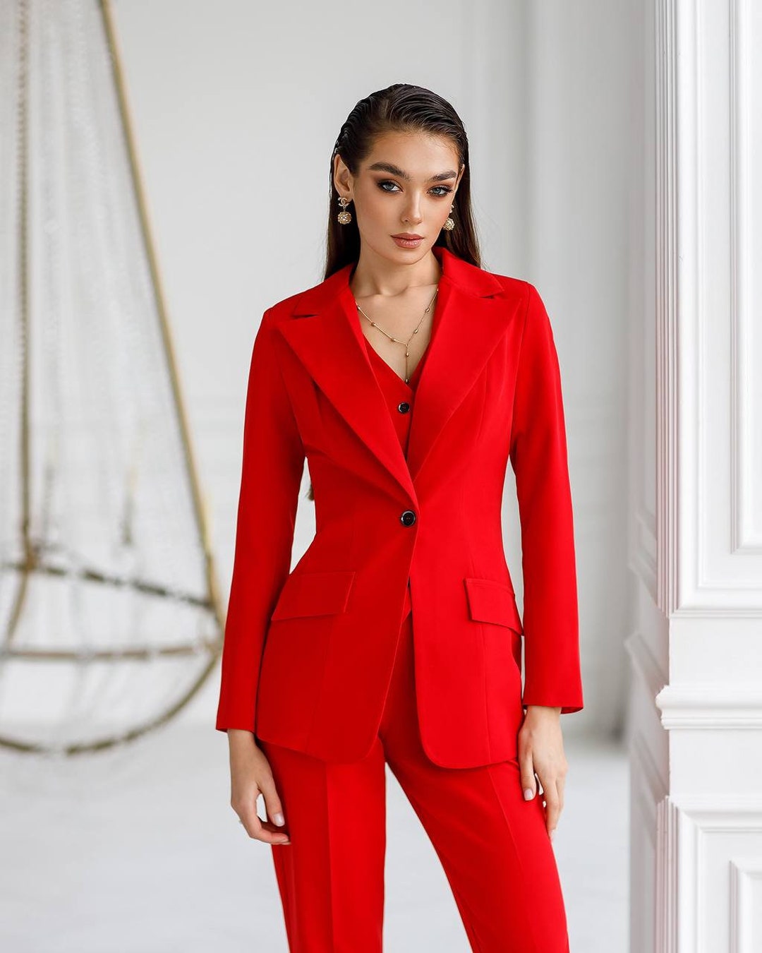 Red Pantsuit Womens, Formal Pants Suit for Business Women, Office Wear ...