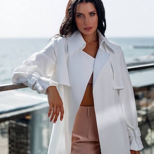 White Trenchcoat Womens, Cotton Trenchcoat with Belted, Wrap Trenchcoat White, Lightweight Trench Coat for Women, White Coat Womens