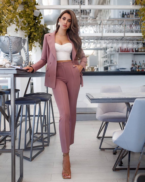 Dusty Pink Pants and Blazer Suit Set, Pink Trouser Suit Set for Women,  Blazer Trouser Suit for Women, Dusty Pink Pantsuit Womens 