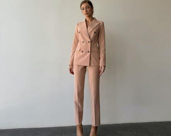 Beige Two-Piece Pantsuit Double Breasted Blazer Slim Fit Pants