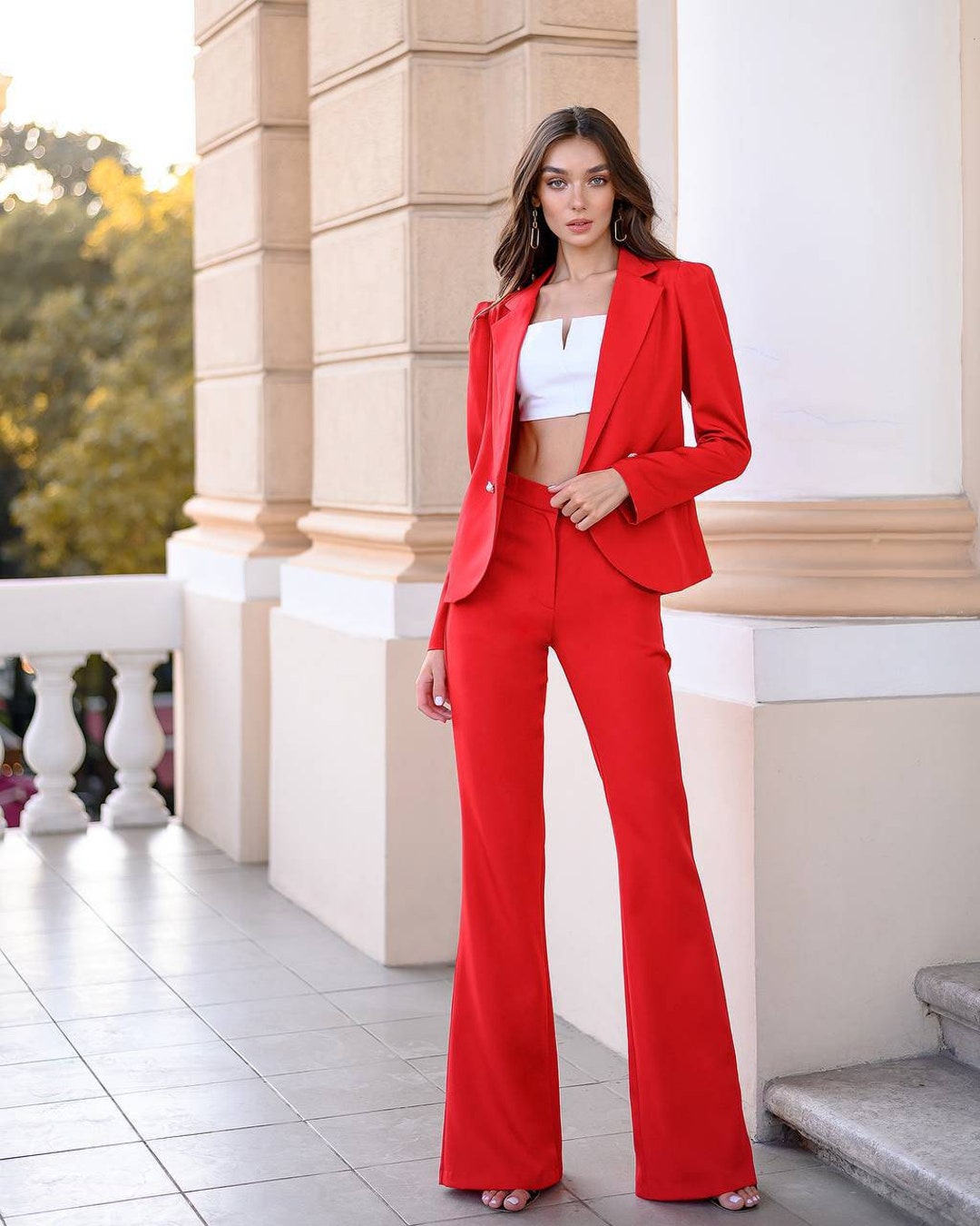 Red Bell Bottom Pants Suit Set With Red Blazer Puffed Sleeve - Etsy