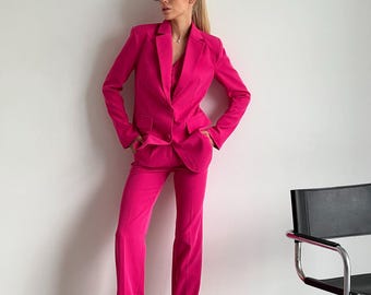 Hot Pink 3-Piece Pantsuit for Tall Women, Fitted Blazer Vest Trousers