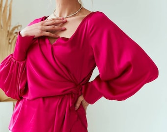 Hot Pink Silk Women's Blouse, Retro Style Blouse, Pink Silk Long Sleeve Top Women's, silk office top for women, Silk Bishop Sleeve Blouse