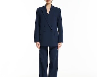 Navy Blue Three-Piece Pantsuit with Blazer, Vest and Wide-Leg Pants