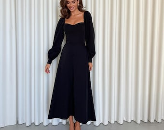Black Cotton Voluminous Sleeves Midi dress, Sweetheart Neckline