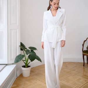 White Womens Suit, Office Women 3 piece Suit with Wide Leg High Waist Pants, Wrap Blazer with Belt and Corset Top Bralette