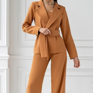 Women&#39;s 3-Piece Suit Set: Wrap Blazer, Corset Top & Wide Leg Pants