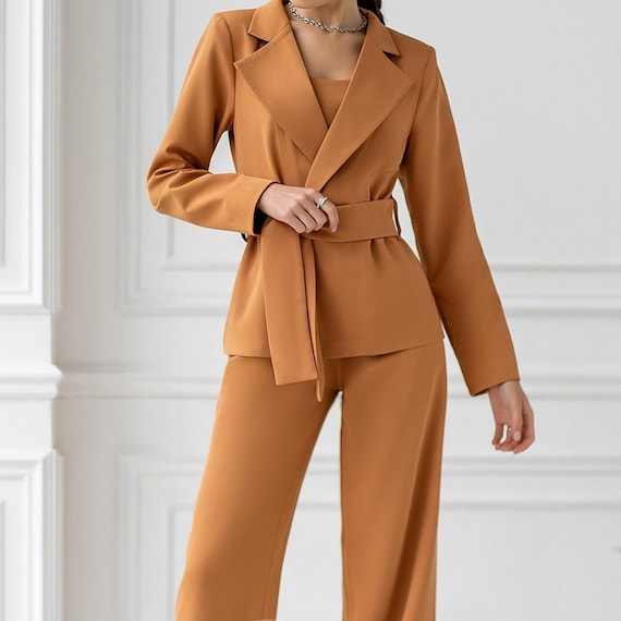 Women's 3-Piece Suit Set: Wrap Blazer, Corset Top & Wide Leg Pants