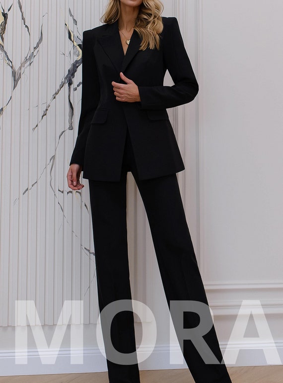 Black Formal Pants Suit With Single Breasted Blazer and Straight Pants High Waist Black Blazer Trouser Suit for Women Black Office Suit Etsy Canada