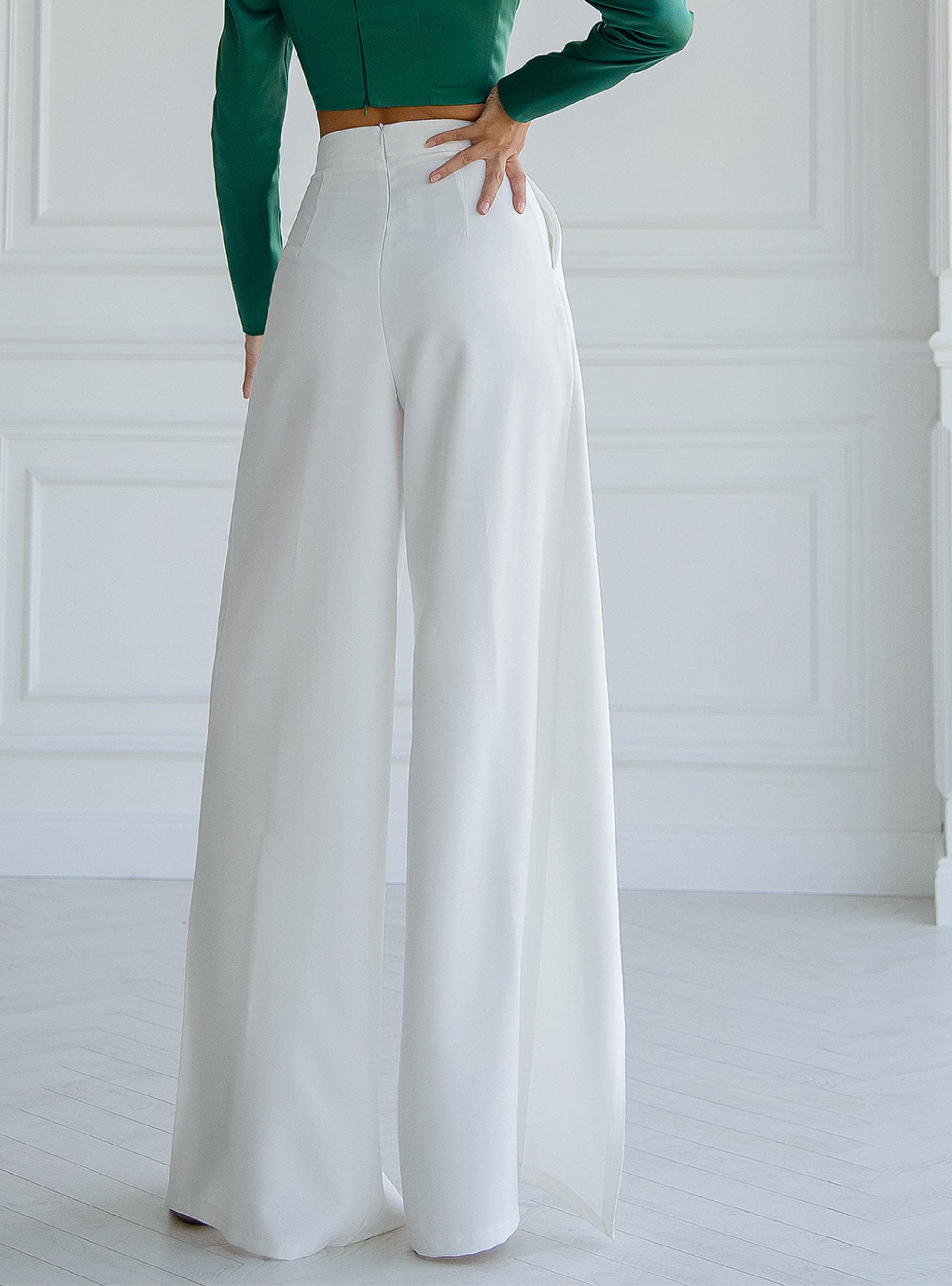 White Wide Leg Pants With High Front Slits for Special Events