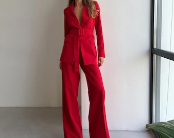 Red Blazer Suit with Wide Leg High Rise Pants for Women