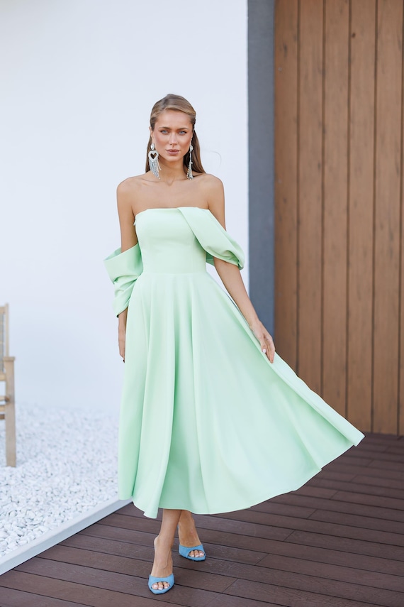 green off shoulder midi dress Sage With Bow Back split prom dresses