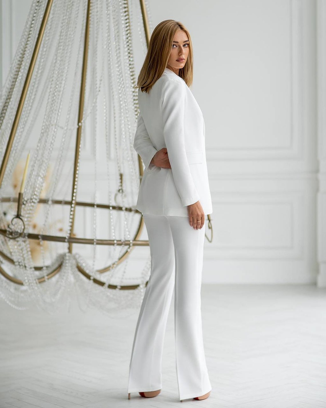 White Pantsuit for Women Tall Women Pants With High Rise - Etsy