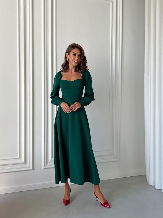 knee length dresses for ladies 3/4 Sleeve Tie Detail Velvet Midi Dress, Forest Green – Jolie Moi Retail