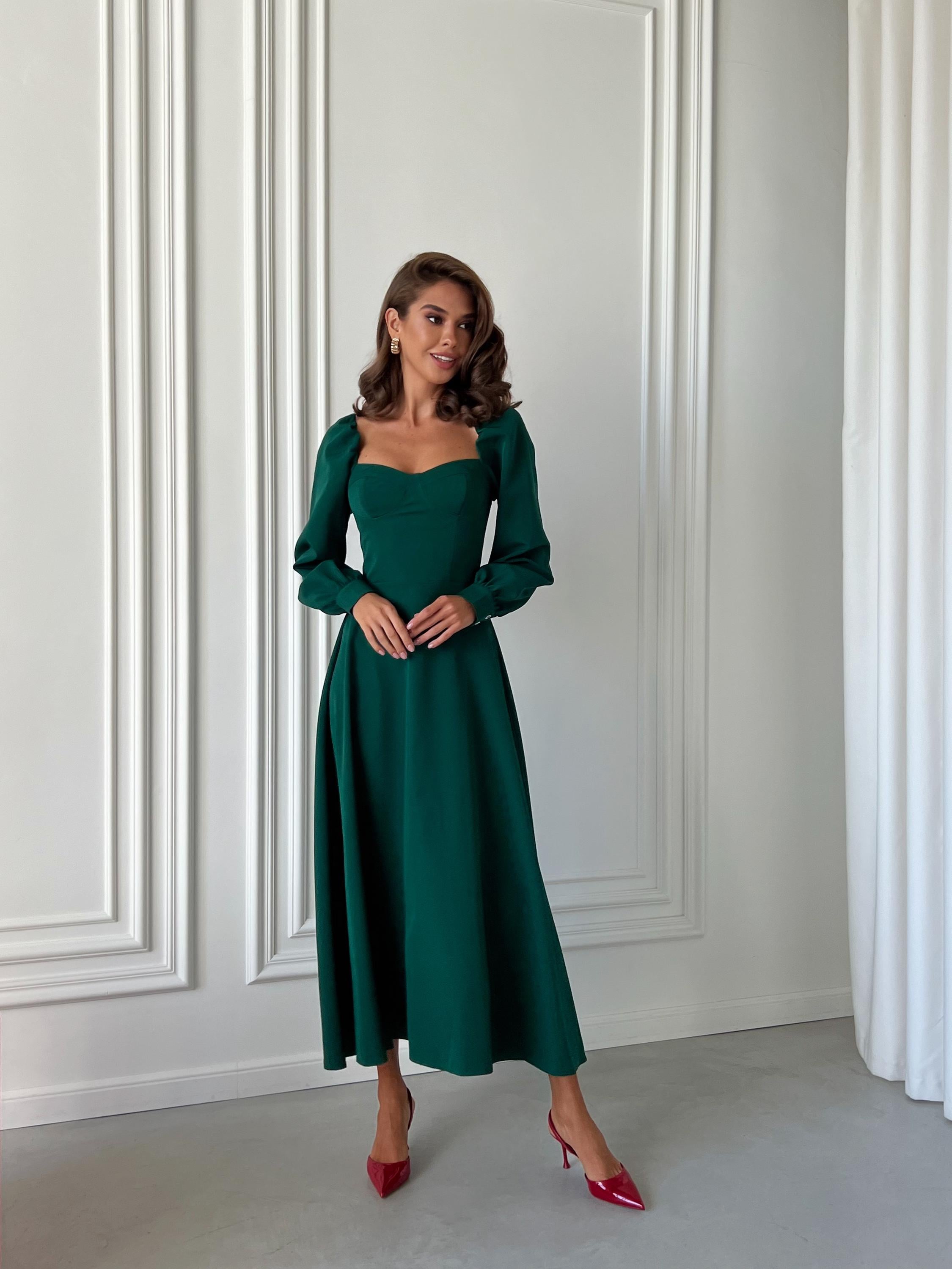 Emerald Green Voluminous Sleeves Midi Dress Sweetheart Neck - Etsy