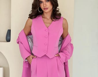 Baby Pink Three-Piece Pantsuit with Blazer, Vest and Wide-Leg Pants