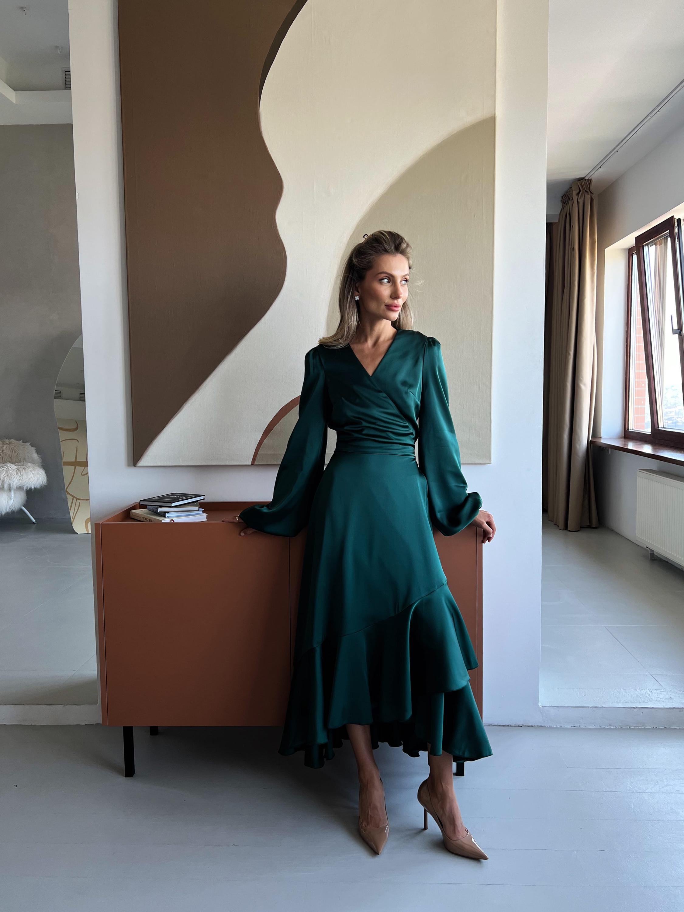 Forest Green Silk Satin Wrap Dress with Ruffle Hem, Long Sleeve Midi for Women Forest Green Silk Satin Wrap Dress with Ruffle Hem, Long Sleeve Midi for Women