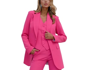 Tailleur-pantalon rose fuchsia pour femme, Costume pour femme d