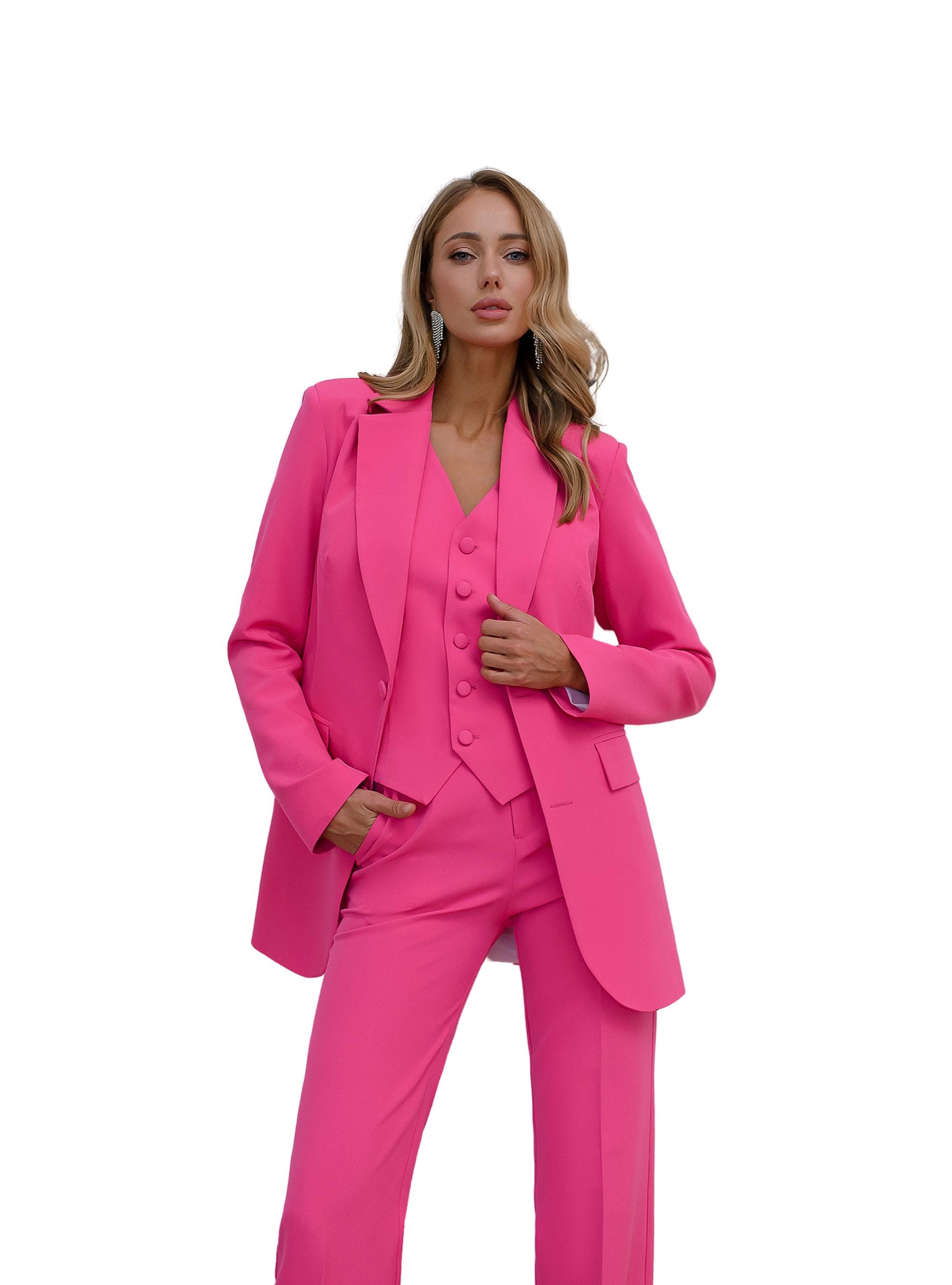 Hot Pink Three-Piece Pantsuit with Blazer, Vest and Straight Pants Hot Pink Three-Piece Pantsuit with Blazer, Vest and Straight Pants