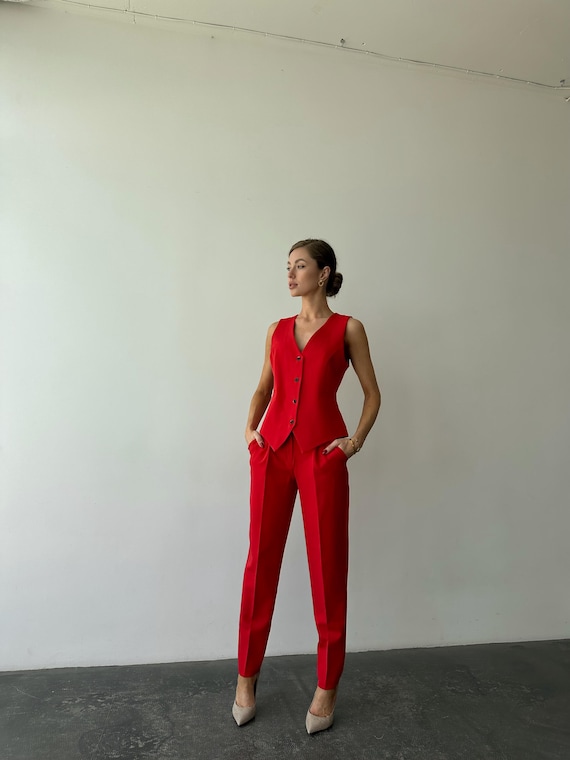 cigarette suit ladies Red Three-Piece Pantsuit with Blazer, Vest and Cigarette Pants