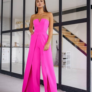 Raspberry Pink Sleeveless Jumpsuit for Women, Wide Leg Jumpsuit for cocktail party, hot pink Formal Jumpsuit for Women