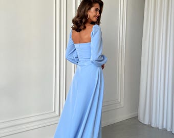 Light Blue Satin Midi Dress With Puff Sleeves and Sweetheart Neckline - Etsy Light Blue Satin Midi Dress With Puff Sleeves and Sweetheart Neckline - Etsy