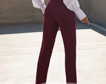 Burgundy Pants Women, High Rise Burgundy Trousers for Women