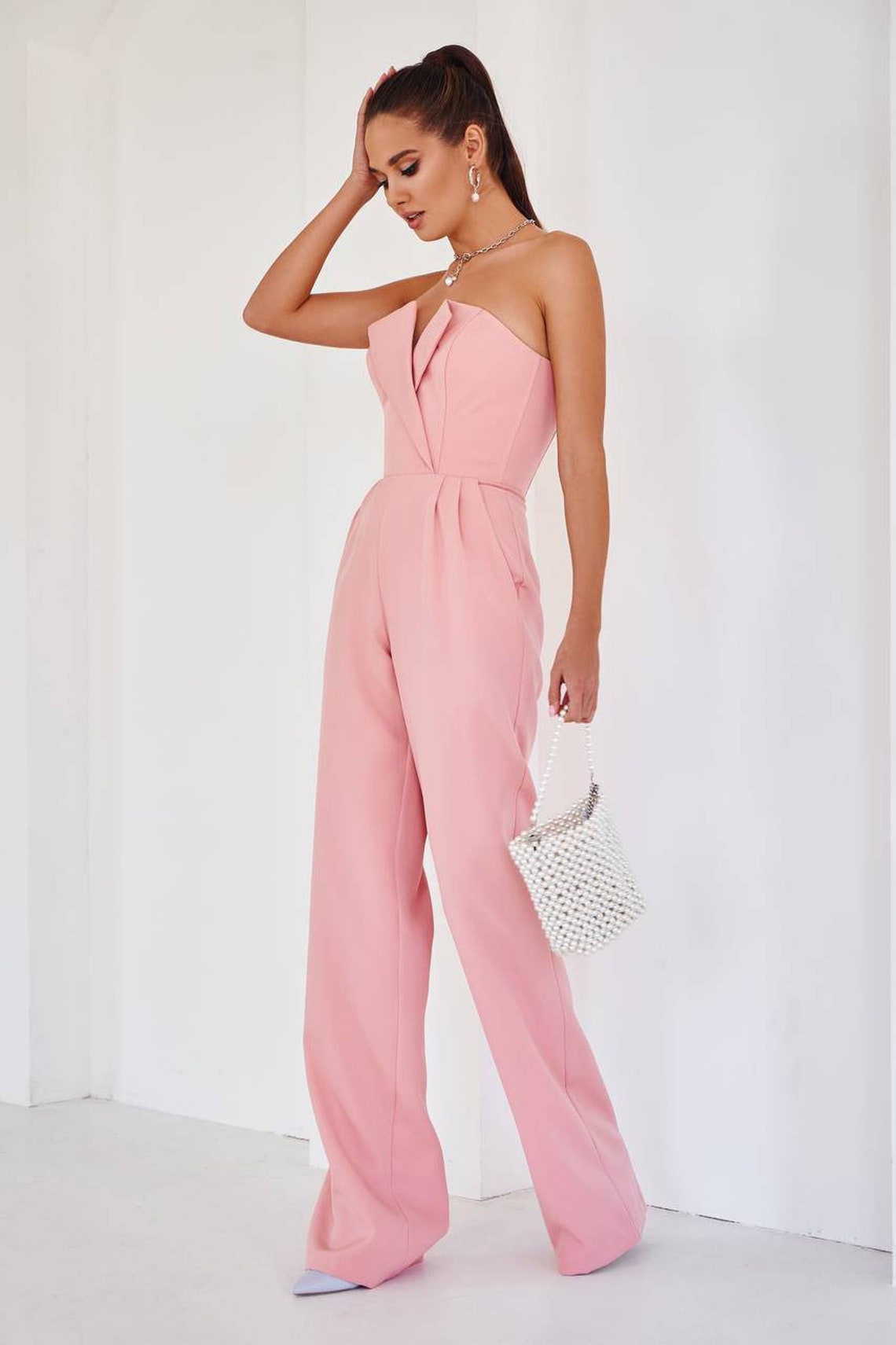 Pink Formal Jumpsuit Womens Bridal Jumpsuit Women Onepiece Etsy