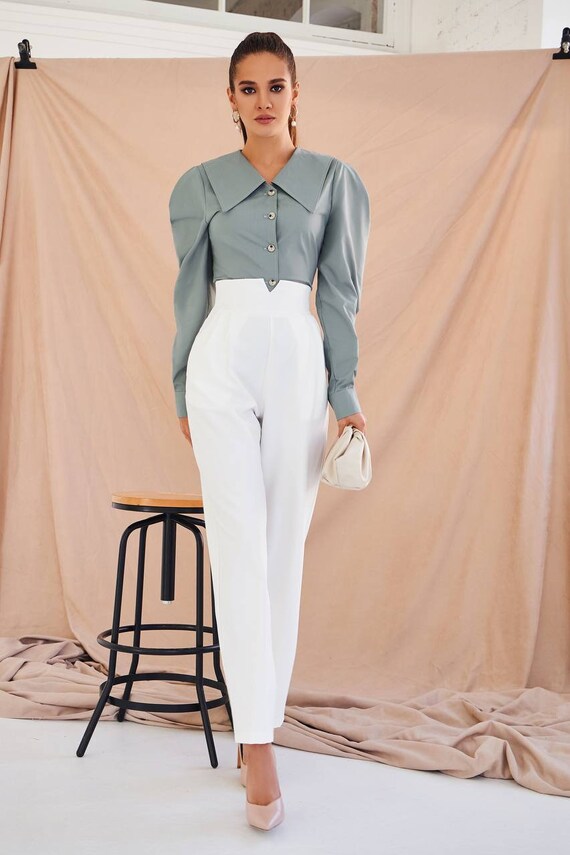 White Relaxed Fit Pants for Women, High Waist Wide Leg Pants for Women,  Blue Pants High Rise, White Pants Womens -  Canada