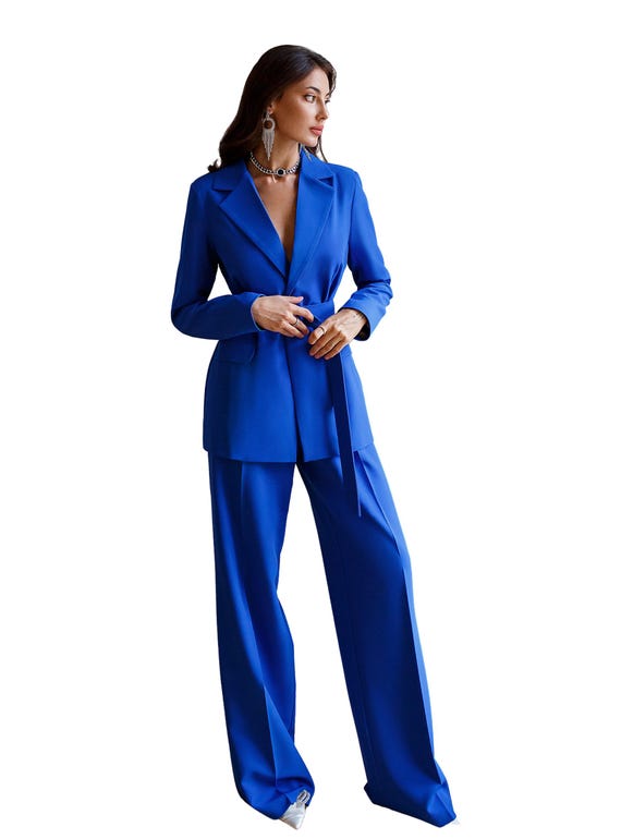 Blue Blazer Suit Set for Women Wide Leg Pants High Rise Belted Red Blazer for Women Blue Trouser Blazer Set for Women Etsy UK