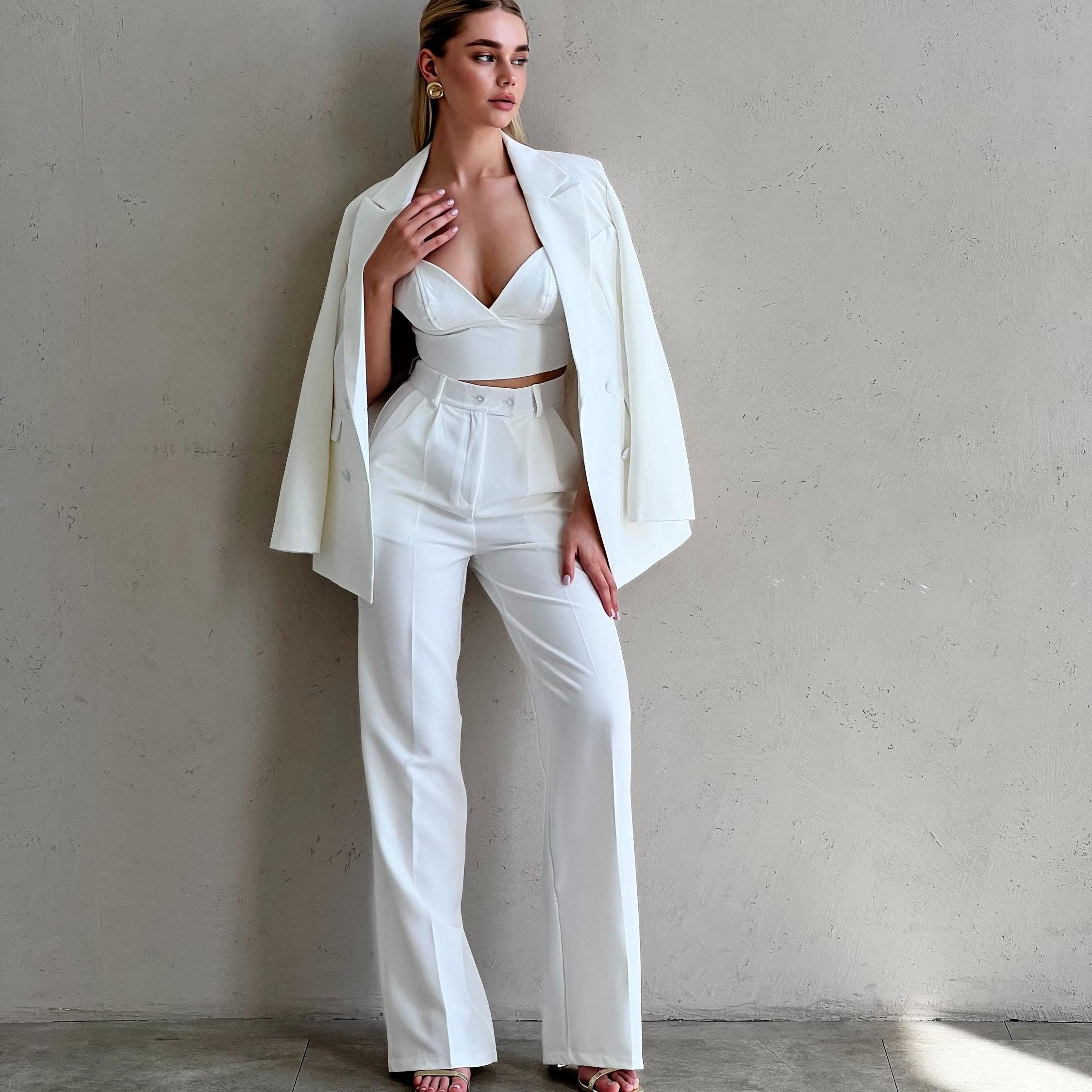 Prom Suits White Pant Suits For Juniors White Bridal Pantsuit: 3-Piece  Blazer, Corset, Wide Leg Trousers