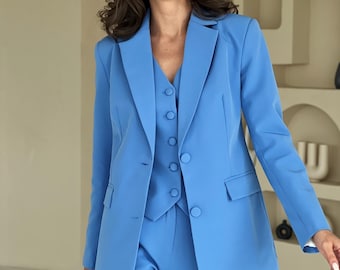 Blue Pantsuit with Button Waistcoat: Tall Women's Corporate Wear