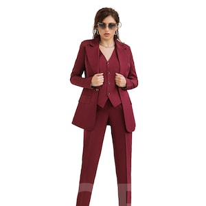 Burgundy Womens Blazer Suit, Office Women 3 piece Suit with Slim Fit Pants, Buttoned Vest and Single-Breasted Blazer,Office Wear for Women