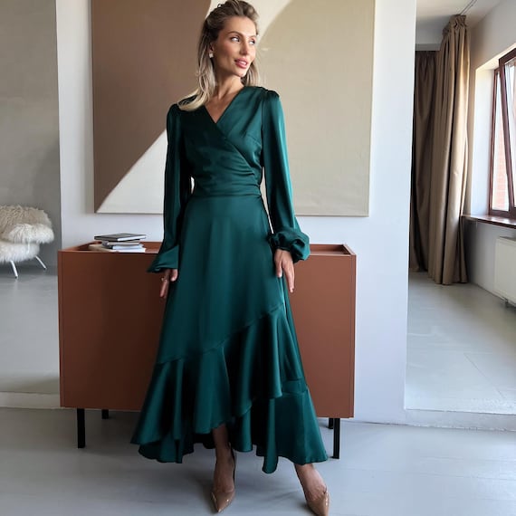Emerald Green Silk Wrap Maxi Dress, Long Bishop Sleeve Formal Wedding Guest Evening Gown