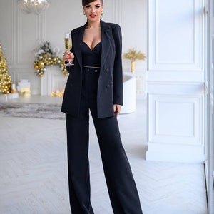Black Blazer Trouser Suit for Women, Black Pantsuit for Women, 3-piece ...