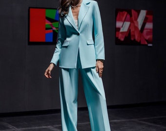 Mint Blue Suit Set for Women, Wide Leg Pants High Rise, Belted Blazer for Women, Blue Trouser Blazer Set for Women, Office Wear Women